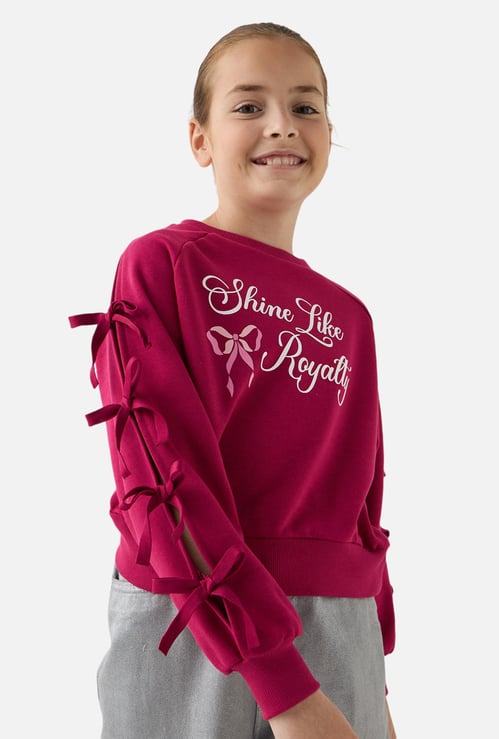 Juniors Slogan Print Sweatshirt with Long Sleeves and Bow Detail