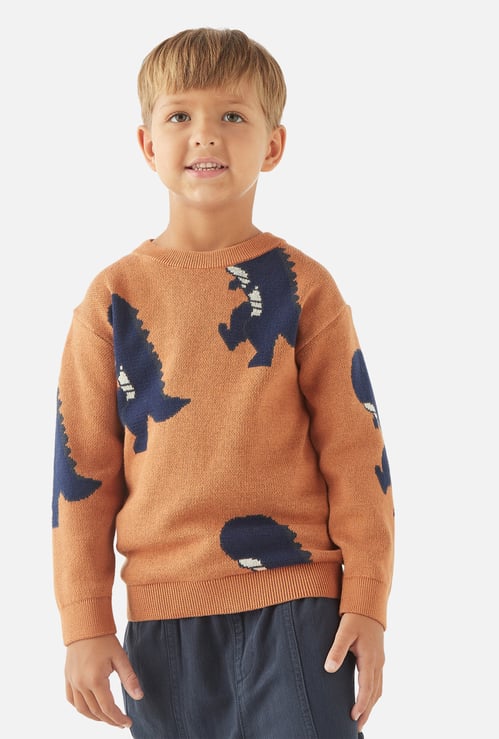 Juniors Dinosaur Textured Sweater with Long Sleeves and Crew Neck