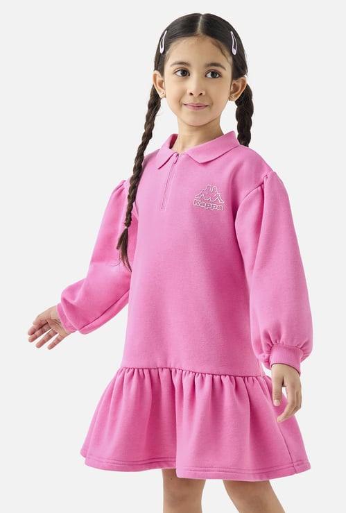 Kappa Logo Detail Polo Dress with Long Sleeves and Flounce Hem