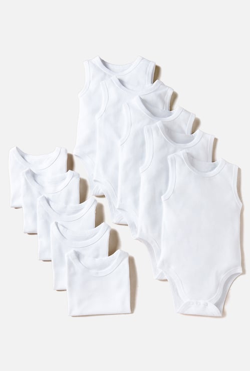 Juniors Solid Bodysuit with Round Neck and Snap Button Closure - Set of 10