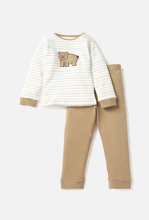 Juniors Bear Applique Long Sleeves T-shirt and Elasticated Pyjama Set
