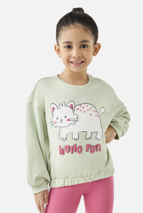Juniors Cat Print Sweatshirt with Long Sleeves