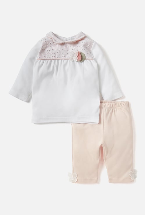 Giggles Schiffli Butterfly Applique Top and Solid Pyjama Set