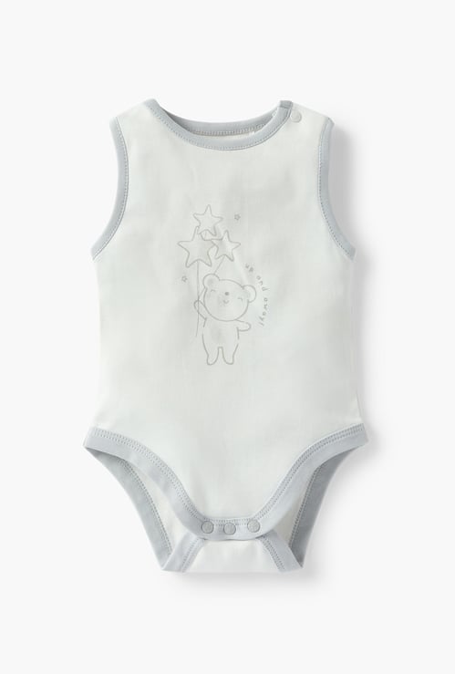 Giggles Bear Print Sleeveless Bodysuit with Button Closure