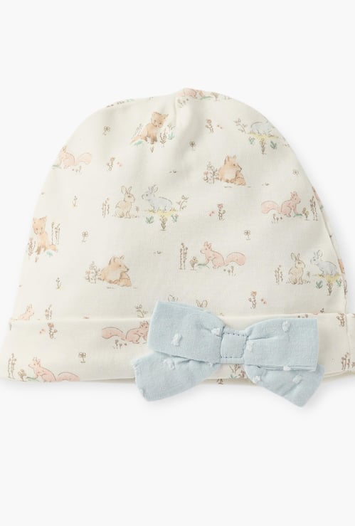 Giggles Printed Beanie with Bow Accent