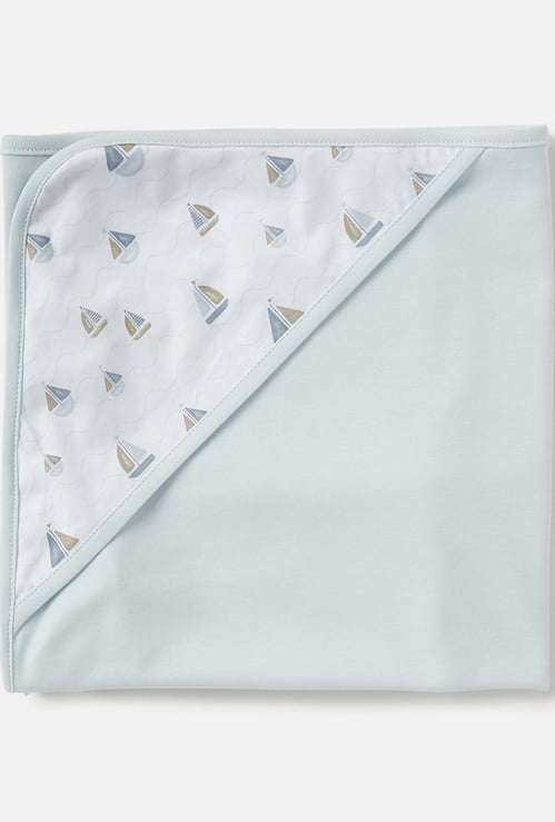 Giggles Sail Boat Print Receiving Blanket with Hood - 70x70 cm