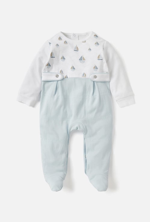 Giggles Sail Boat Print Closed Feet Sleepsuit with Long Sleeves