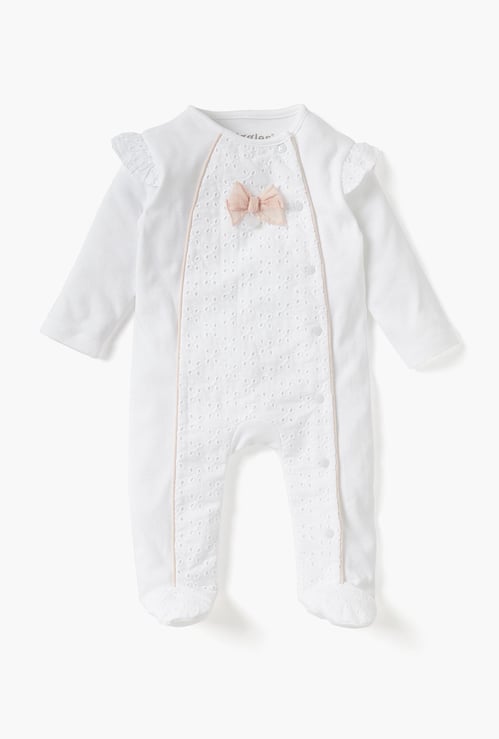 Giggles Bow Applique Closed Feet Sleepsuit with Long Sleeves