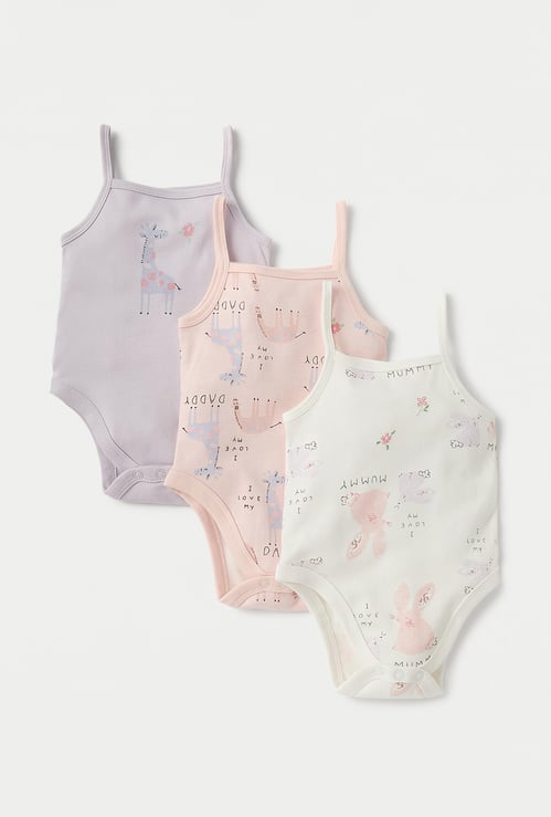 Juniors Printed Strappy Bodysuit with Snap Buton Closure - Set of 3