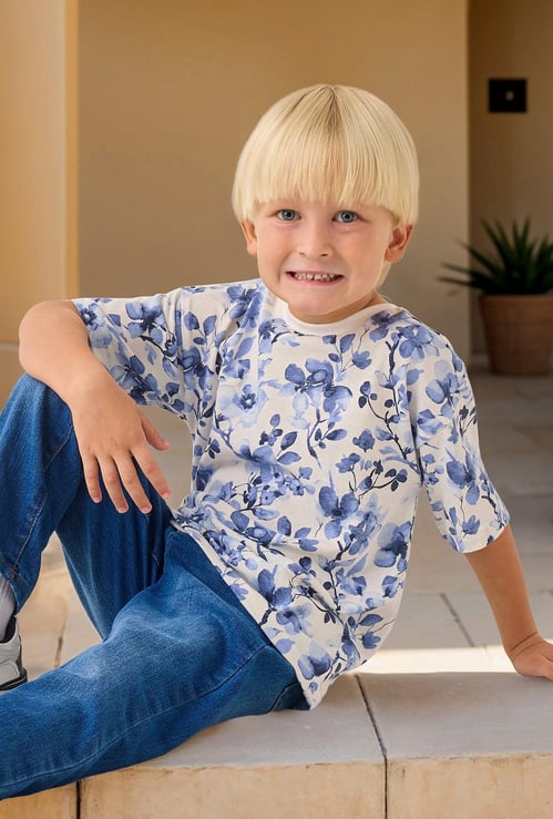 Juniors Floral Print Crew Neck T-shirt with Short Sleeves