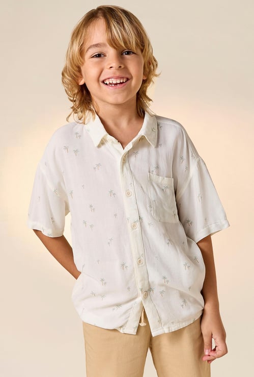 Juniors Tropical Print Shirt with Short Sleeves and Button Closure