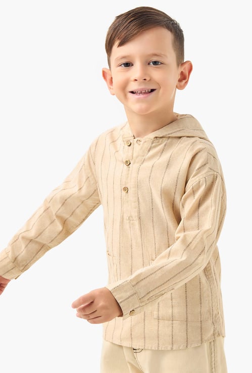 Juniors Striped Hooded Shirt with Long Sleeves