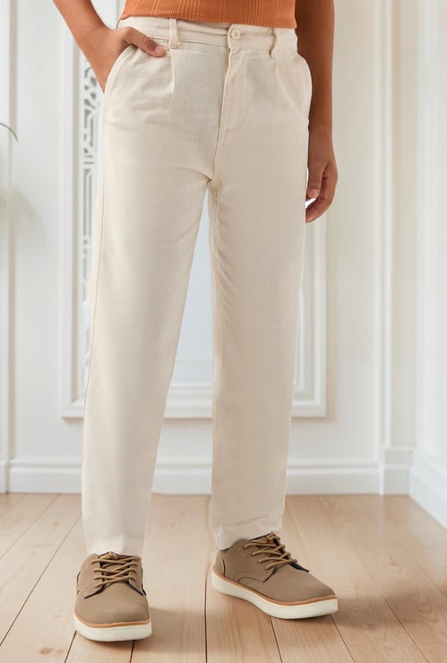 Juniors Solid Pants with Pockets and Button Closure