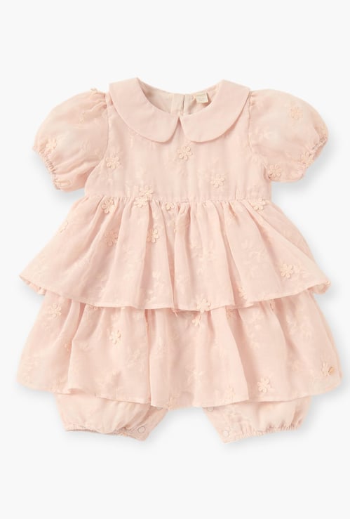 Giggles Floral Embroidered Romper with Collar and Short Sleeves