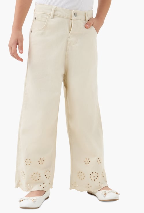Juniors Eligo Schiffli Embroidered Hem Wide Leg Jeans