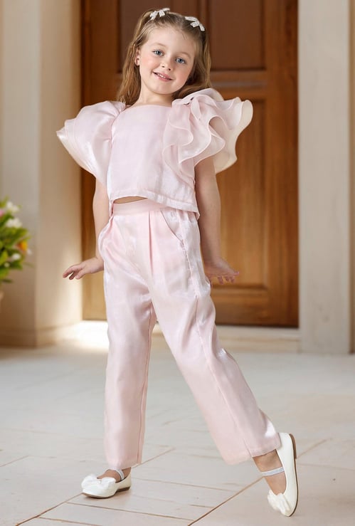 Juniors Solid Ruffle Sleeve Top and Elasticated Pants Set