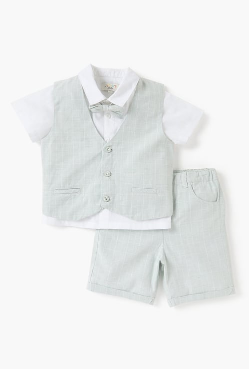 Juniors Solid Shirt with Waistcoat, Bow, and Shorts Set