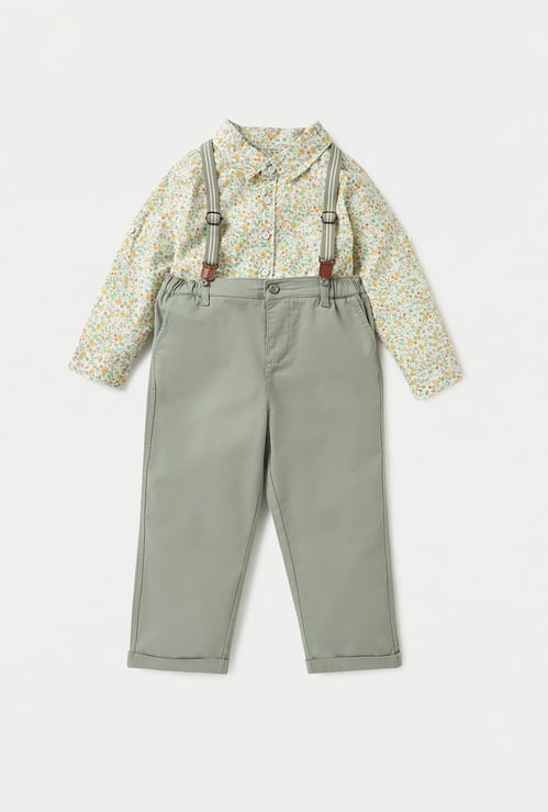Juniors Floral Print Long Sleeves Shirt and Solid Dungaree Set