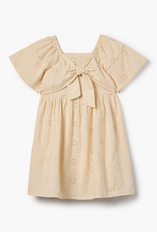 Juniors Schiffli A-line Dress with Bow Detail and Short Sleeves