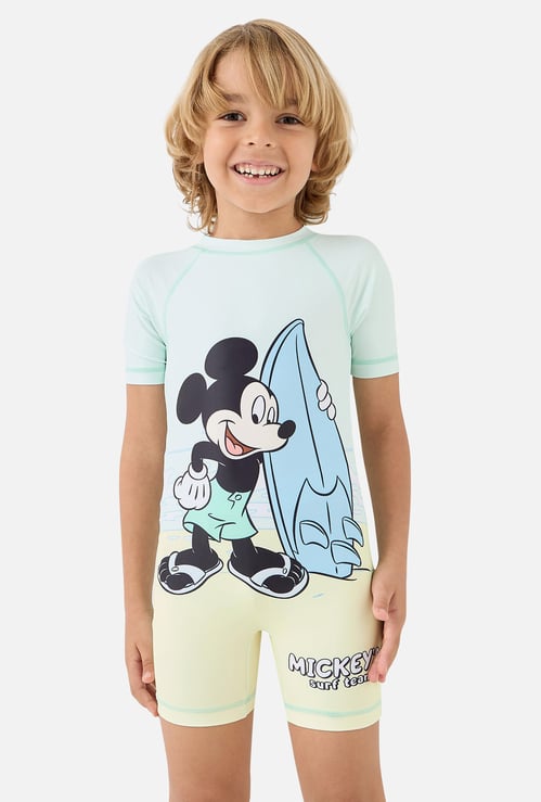 Juniors Mickey Mouse Print Swimsuit with Raglan Sleeves