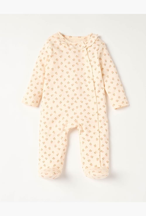 Juniors Floral Print Closed Feet Sleepsuit with Long Sleeves and Button Closure