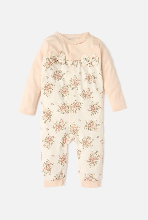 Juniors Floral Print Sleepsuit with Long Sleeves and Bow Applique