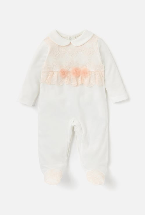 Giggles Lace Detail Closed Feet Sleepsuit with Collar and Long Sleeves