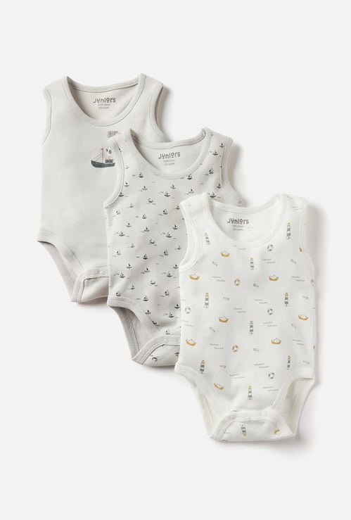 Juniors Printed Sleeveless Bodysuit with Snap Button Closure - Set of 3