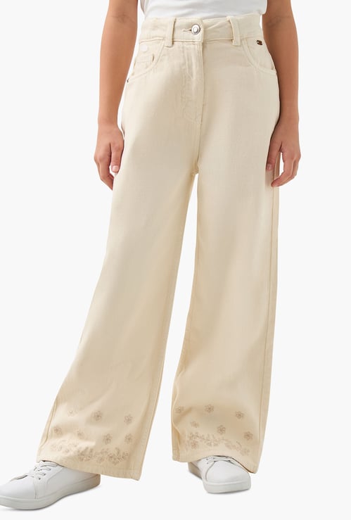 Juniors Eligo Floral Embroidered Wide Leg Jeans