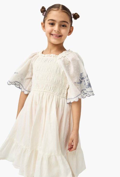 Juniors Embroidered Square Neck A-line Dress with Flared Sleeves