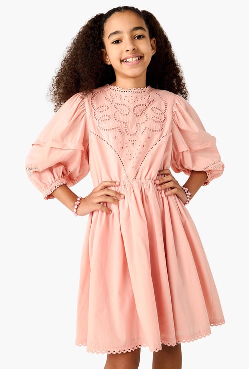 Juniors Embroidered A-Line Dress with Puffed Sleeves