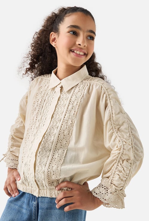 Juniors Crochet Detail Collared Shirt with Long Sleeves