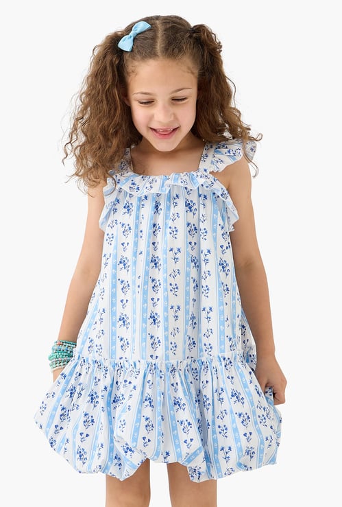 Juniors All-Over Floral Print Balloon Dress with Square Neck and Frill Detail