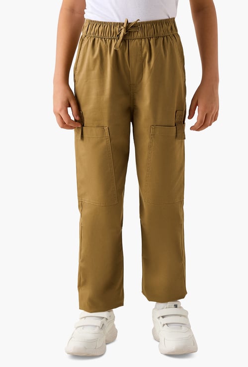 Juniors Solid Cargo Pants with Elasticated Drawstring and Pockets