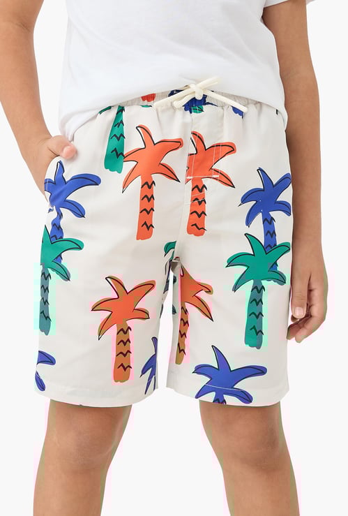 Juniors Palm Tree Print Swim Shorts with Pockets and Drawstring Closure