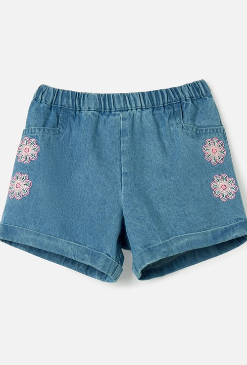 Juniors Girls Floral Embroidered Denim Shorts