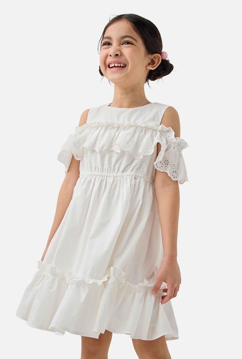 Juniors Ruffle Detail Cold Shoulder Dress with Round Neck
