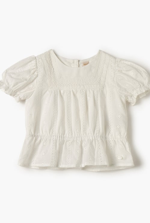 Giggles Schiffli Detail Top with Puff Sleeves and Button Closure