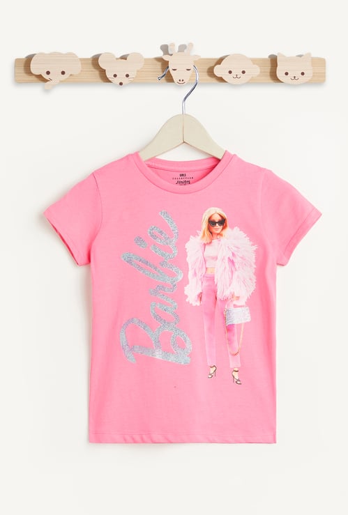 Juniors Barbie Glitter Print Round Neck T-shirt
