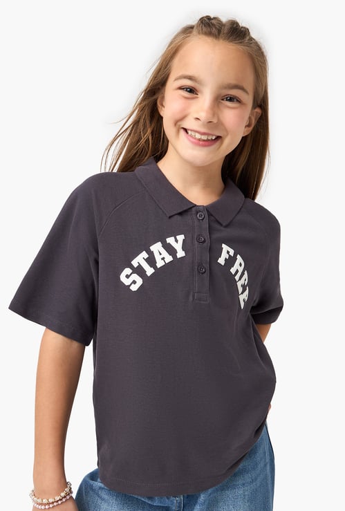 Juniors Typographic Print Polo T-shirt with Short Sleeves