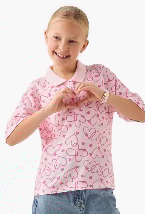 Juniors Heart Print Polo T-shirt with Half Button Placket and Short Sleeves