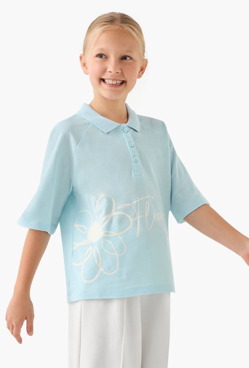 Juniors Floral Print Polo T-shirt with Half Button Placket and Short Sleeves