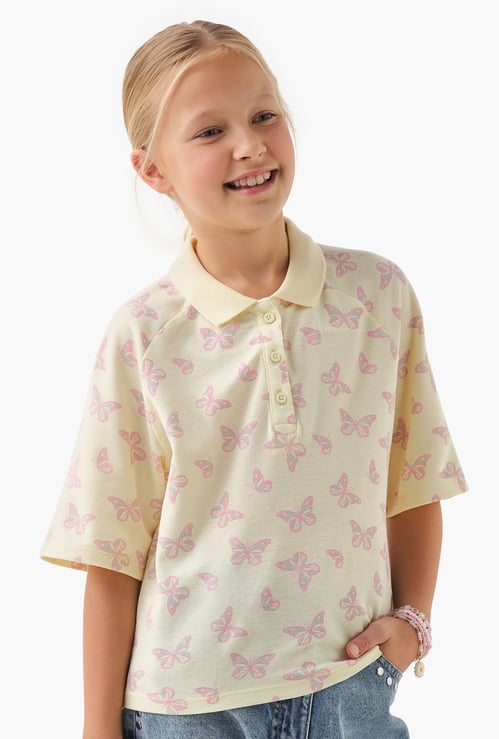 Juniors Butterfly Print Polo T-shirt with Half Button Placket