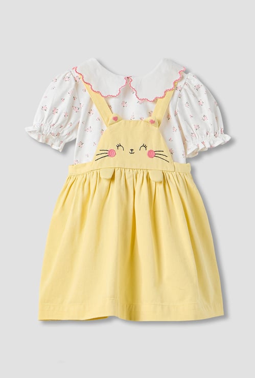 Juniors Cat Embroidered Pinafore Dress and Collared Top Set