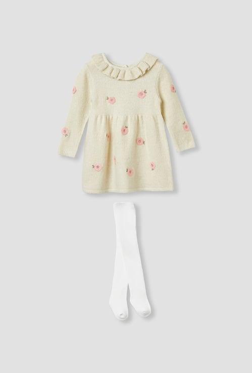 Juniors Floral Embroidered Dress with Tights