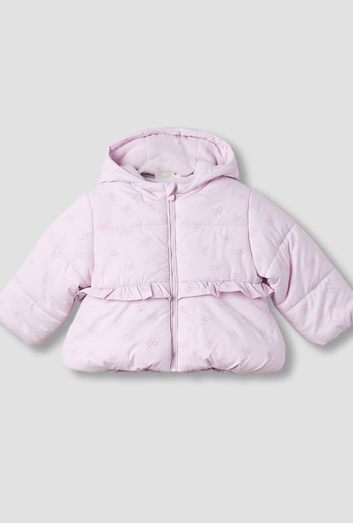 Juniors Bow Print Hooded Heavy Jacket with Long Sleeves