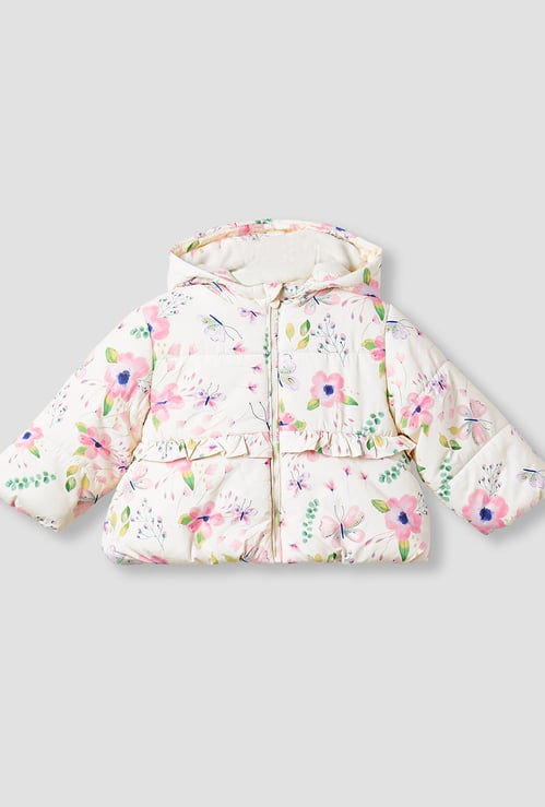 Juniors Floral Print Hooded Heavy Jacket with Long Sleeves