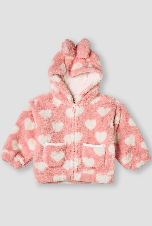 Juniors Heart Print Hooded Jacket with Zip Closure