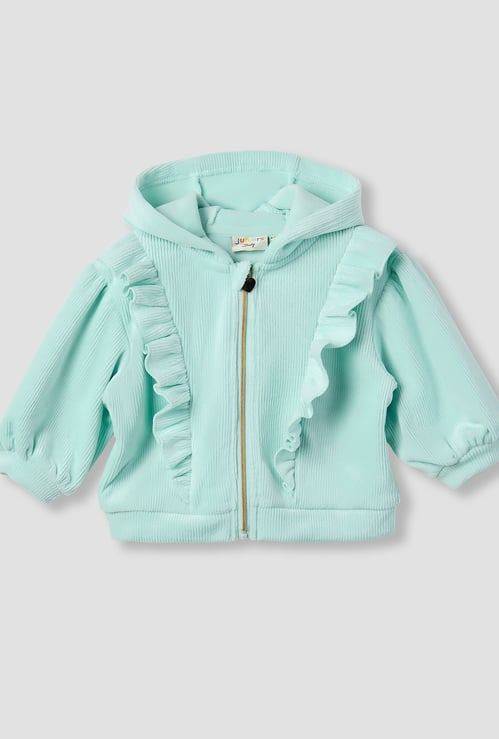 Juniors Ribbed Hooded Jacket with Ruffles and Long Sleeves