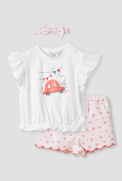 Juniors Printed T-shirt and Shorts with Headband